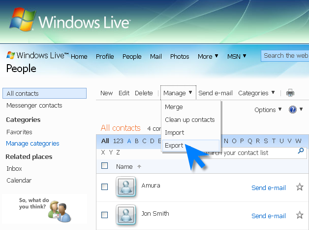 Export Hotmail contacts