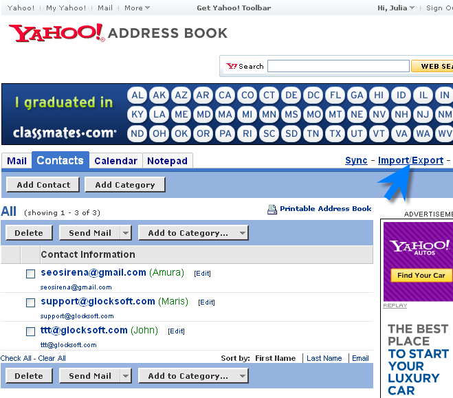 Export Yahoo contacts