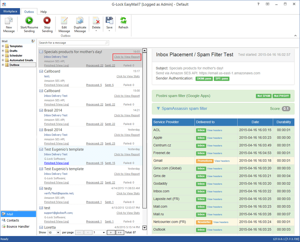 Inbox Placement, Spam Filtering and Sender Authentication Report in EasyMail7